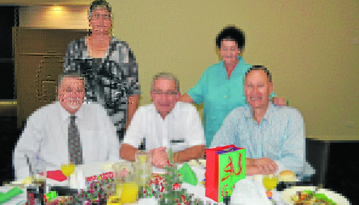 ATTENDANTS: Back, left to right: Kim Cloake and Dot Jeffriess. Front, left to right: Honorary Orditor Kevin Cloake, mayor Stuart Freudenstein and bush poet Neil Smith attended the Combined Pensioners Christmas party.